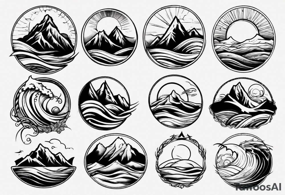 mountain with waves and sun tattoo idea