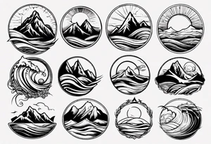 mountain with waves and sun tattoo idea