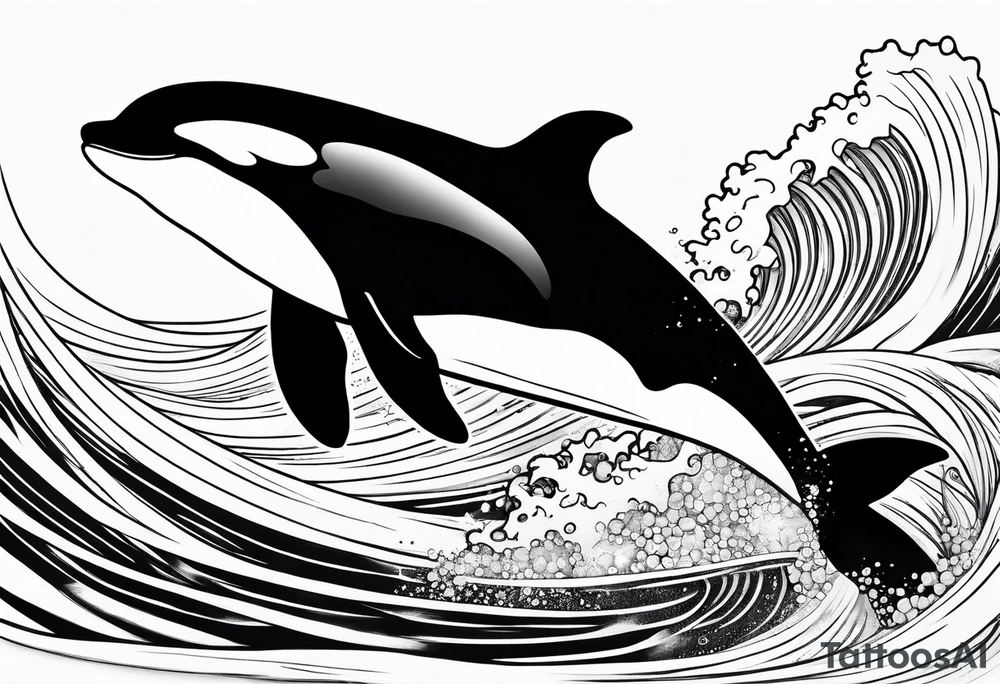 transient orca, Japanese realism, flowing, waves and kelp highlights tattoo idea