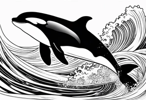 transient orca, Japanese realism, flowing, waves and kelp highlights tattoo idea