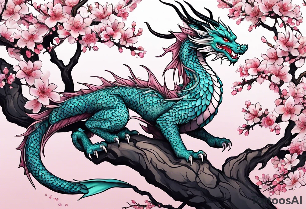 Delicate feminine simple dragon intertwined in cherry blossom, soft lines, soft dragon, pleasant dragon, beautiful cherry blossom tattoo idea