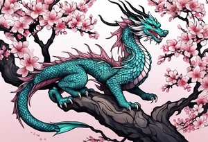 Delicate feminine simple dragon intertwined in cherry blossom, soft lines, soft dragon, pleasant dragon, beautiful cherry blossom tattoo idea