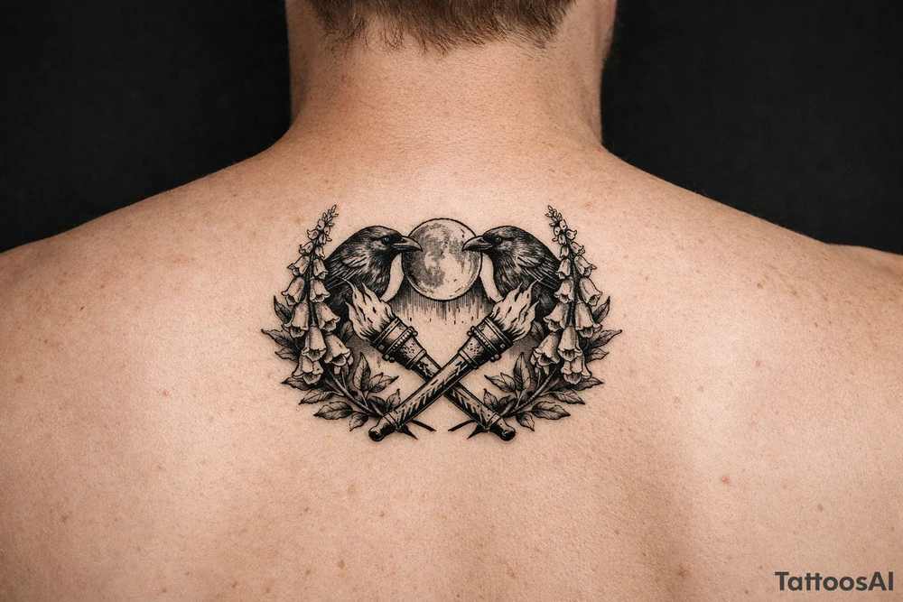 A stylized triple moon with ravens and crossing torches, framed by foxglove. tattoo idea