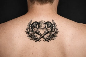 A stylized triple moon with ravens and crossing torches, framed by foxglove. tattoo idea
