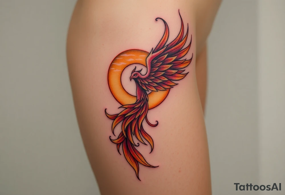 magnificent phoenix rising from flames with trailing embers pinks golds orange and yellows with a golden sunset and sky backdrop tattoo idea