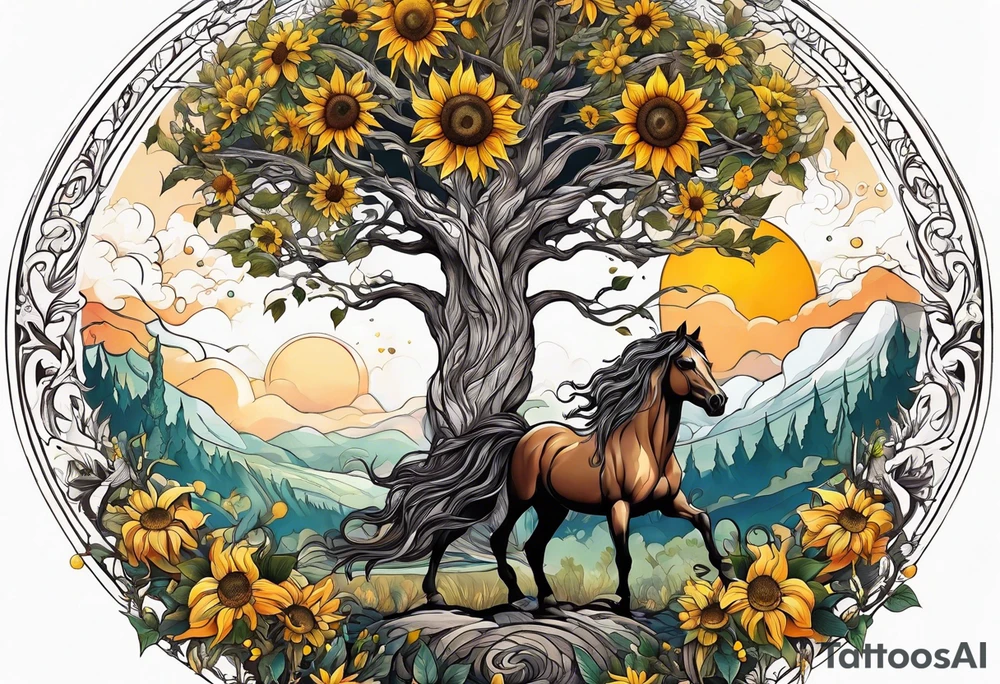 Yggdrasil tree, horse, sunflower tattoo idea