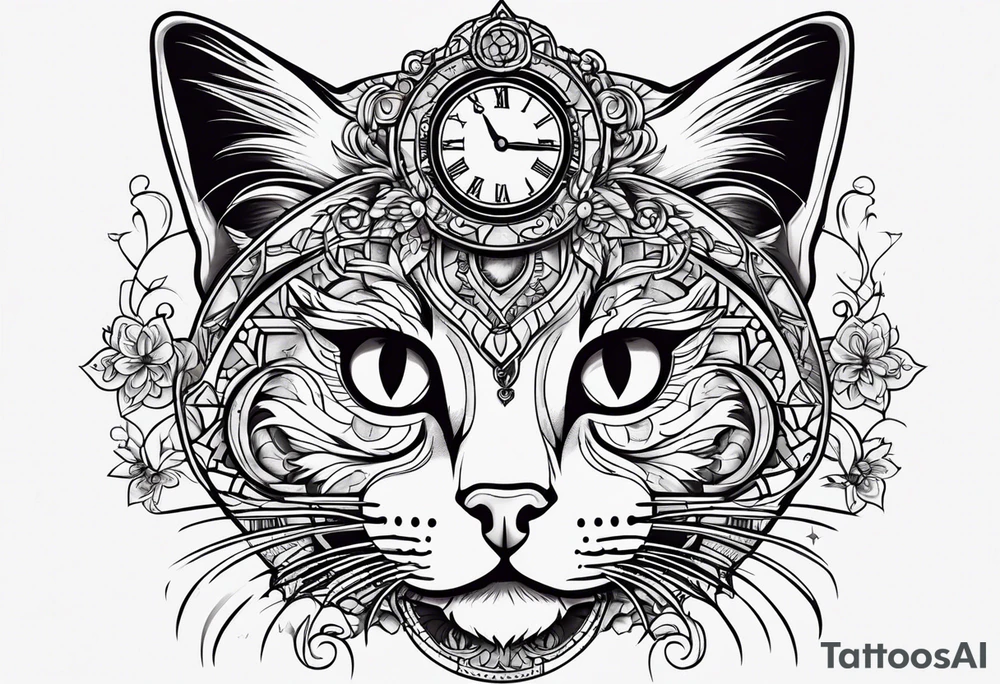 a cat with a clock tattoo idea