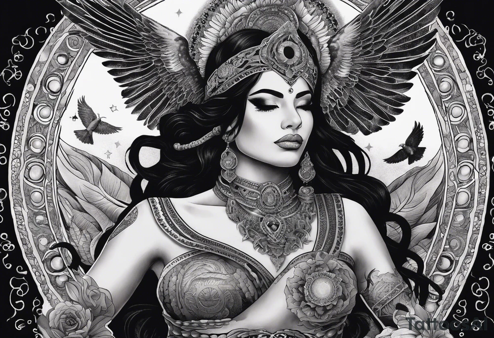 black kali, goddess pirate, alien, angel, pachamama, valkrye, warrior, flying, skull, lotus azul, wing, eagle, zenza resonance, stars, 5D, anahata chakra, death, durga, riding on a tiger, flying lady, kundalini, chest tatoo, samuri, rebel, serpent tattoo idea