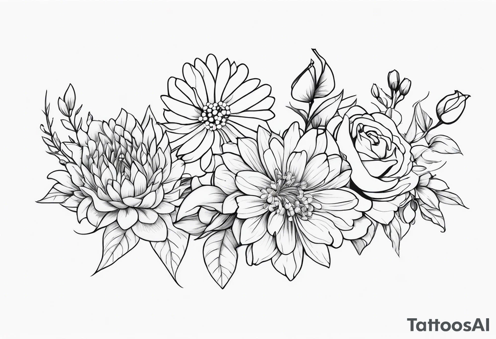 Asters, roses, lily of the valley, and chrysanthemums in a long line tattoo idea