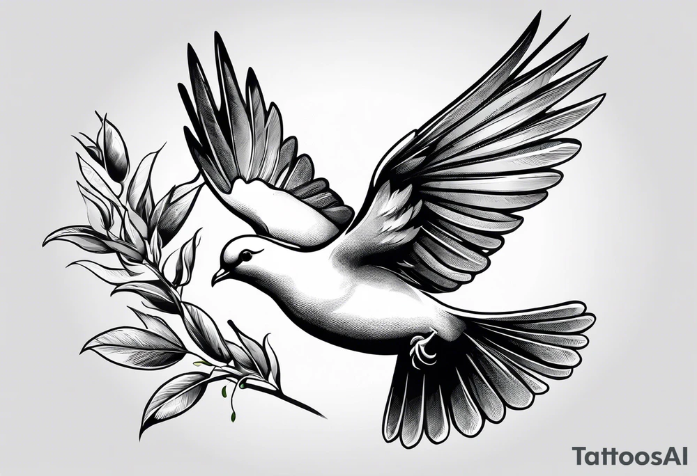 Dove soring through the air clasping an olive branch in its beak. tattoo idea
