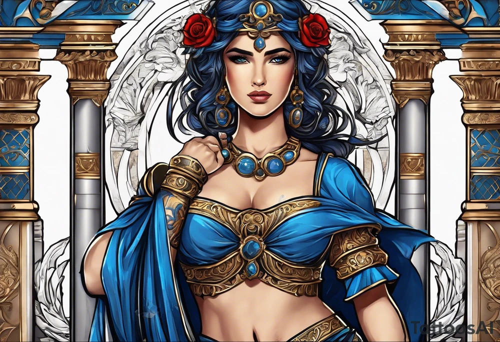 ancient rome clothes women, with Libra in one hand and a sword in the other, blue rose frames tattoo idea