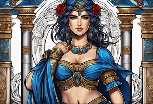 ancient rome clothes women, with Libra in one hand and a sword in the other, blue rose frames tattoo idea