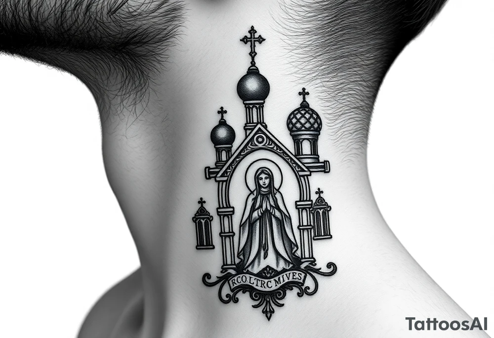 medium traditional russian orthodox church with russian coat arms and virgin mary on the side of your neck tattoo idea