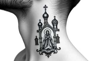 medium traditional russian orthodox church with russian coat arms and virgin mary on the side of your neck tattoo idea