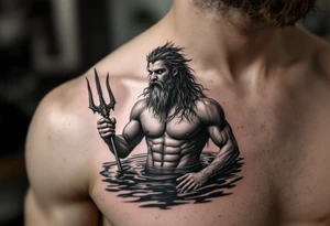 young, fit poseidon in calm water, holding a trident, holding a beer, with bare feet tattoo idea