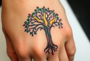 Vibrant tree of life Jamaican and Irish colours tattoo idea
