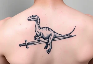 Tattoo on forearm with Brachiosaurus dinosaur on handle bar of a fingolfin sword. tattoo idea