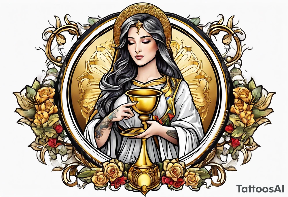 woman saint holding chalice surrounded by golden halo sideways tattoo idea