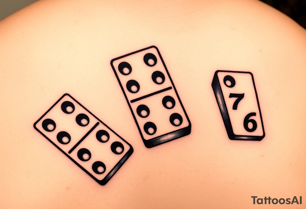 Three realistic domino tiles falling onto each other , showing the pips numbers 8, 7, and 6. tattoo idea