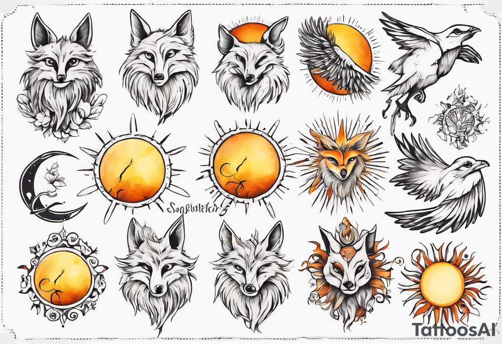 Fuchs und Eule unter der Sonne mit dem Schriftzug Sapere Aude tattoo idea