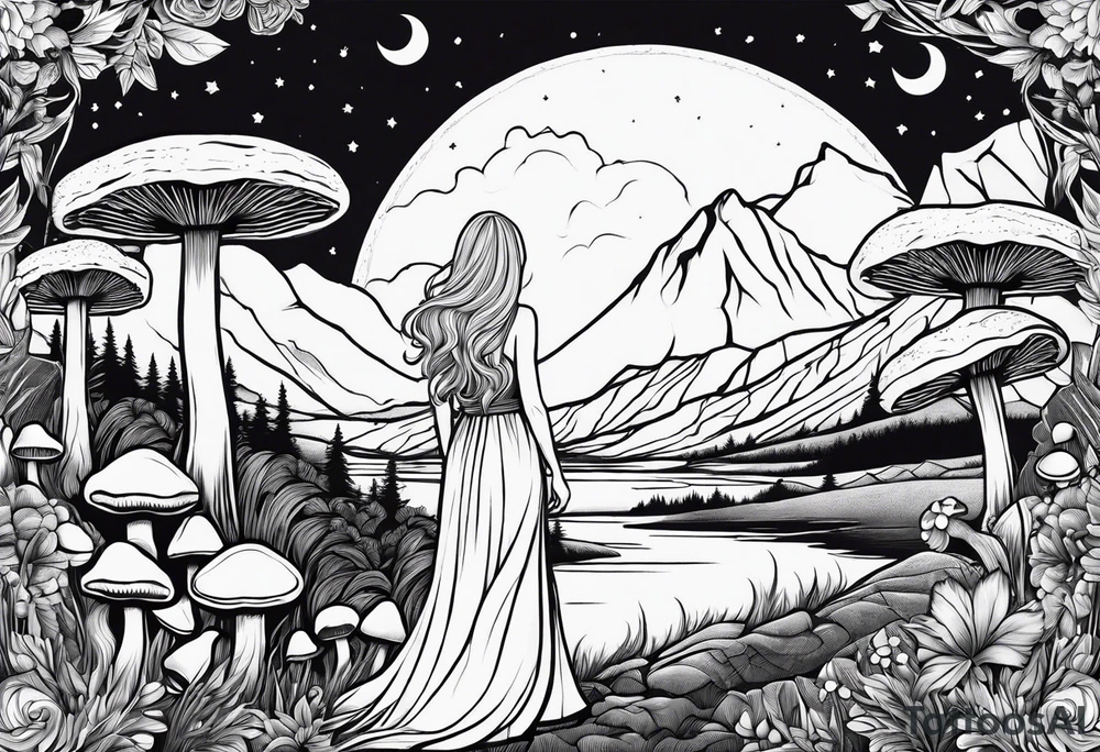 Blonde long straight hair older woman surrounded by mushrooms mountains crescent moon background tattoo idea