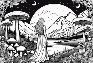 Blonde long straight hair older woman surrounded by mushrooms mountains crescent moon background tattoo idea