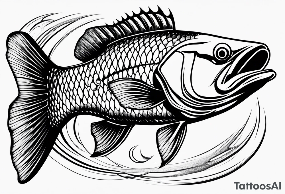 bass fish, its tail turns into a fishing hook tattoo idea