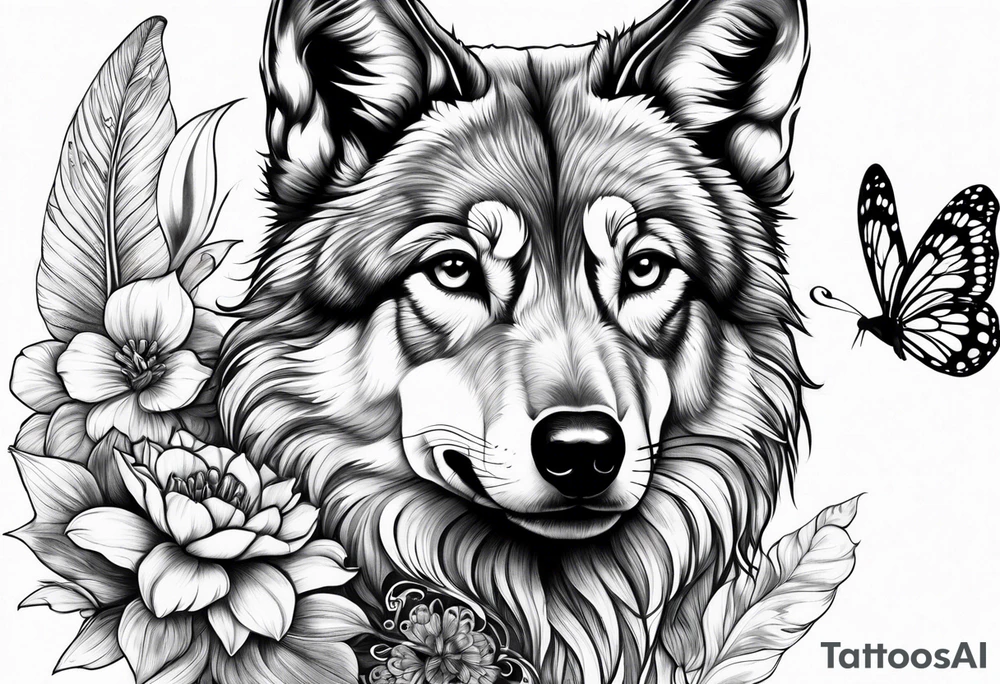 Wolf puppy, peacock feather, butterfly, narcissus flower, hummingbird tattoo idea