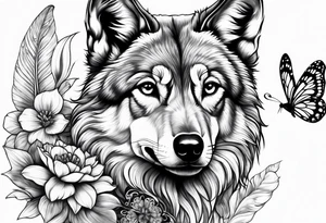 Wolf puppy, peacock feather, butterfly, narcissus flower, hummingbird tattoo idea