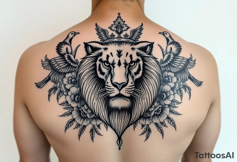 powerful majestic lion with a crown, surrounded by floral ornaments and birds tattoo idea