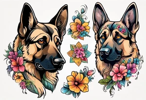 Sable haired German shepherd portrait brightly colored with flowers tattoo idea