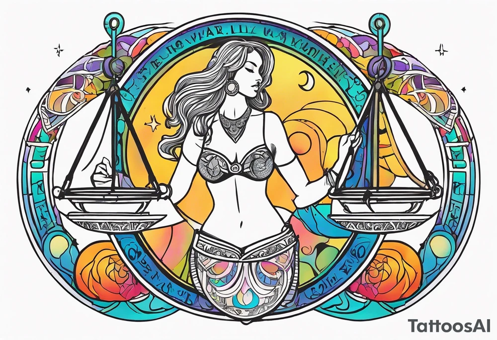 Libra woman holding scales with a night zodiac background including a half moon that encircles half of the woman with vibrant colors tattoo idea