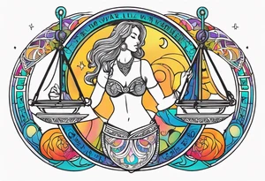 Libra woman holding scales with a night zodiac background including a half moon that encircles half of the woman with vibrant colors tattoo idea
