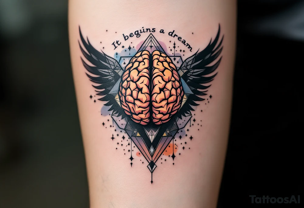 Tattoo inspired in the gifted brain in geometric and straight lines, with few watercolor details but mostly black, symbols representing intelligence, creativity and dreaming flying arround, the phrase "It begins with a dream", and raven wings behind tattoo idea