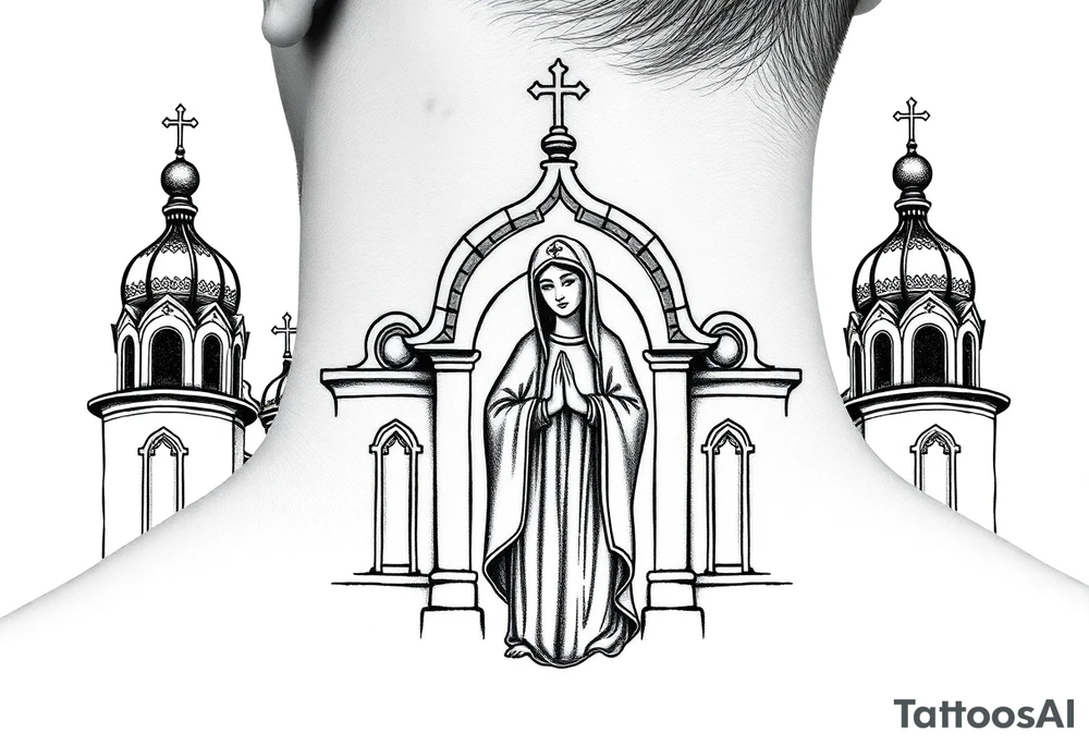 Russian orthodox church with bulb domes with a prominent russian orthodox style virgin mary stood outside with hands together tattoo idea