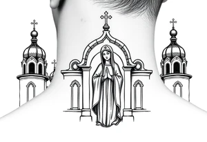 Russian orthodox church with bulb domes with a prominent russian orthodox style virgin mary stood outside with hands together tattoo idea