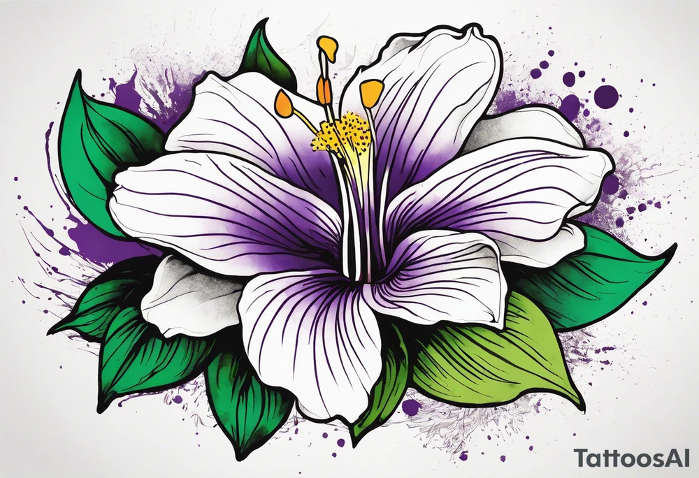 An outline of a rio dipladenia flower with a green/purple watercolor splash in the background tattoo idea