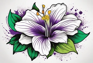 An outline of a rio dipladenia flower with a green/purple watercolor splash in the background tattoo idea