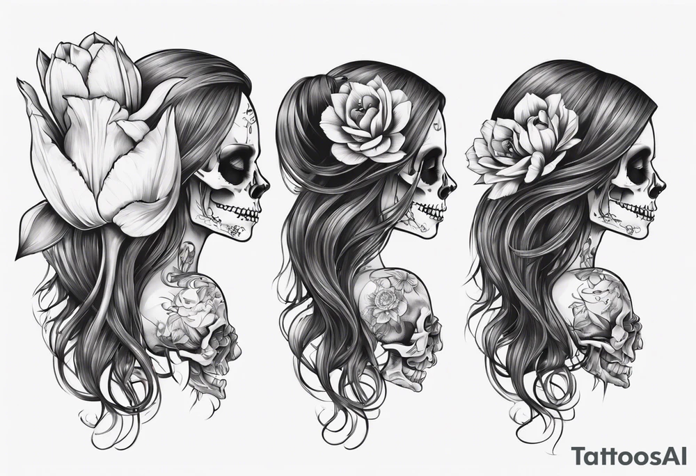sideview of female skull with long hair and tulip bud in hair and catrina tattoo tattoo idea