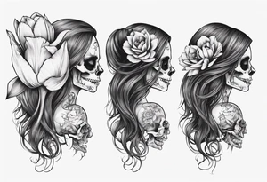 sideview of female skull with long hair and tulip bud in hair and catrina tattoo tattoo idea