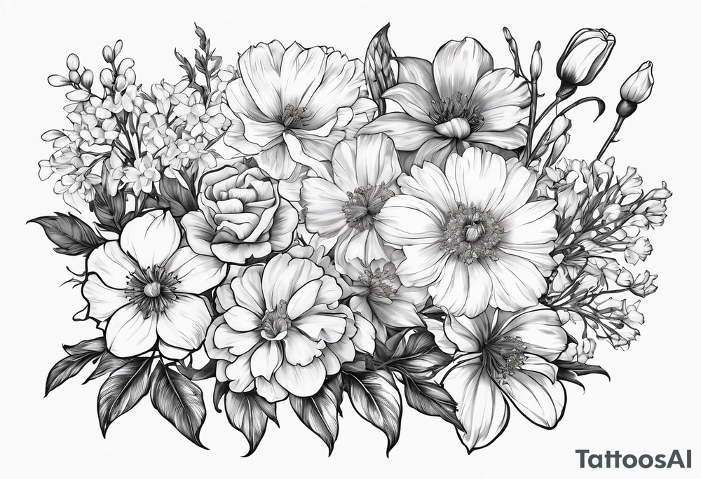 Bundle of flowers with Two carnations, Two daffodils, One snowdrop, One hawthorn flower, Two honeysuckle blooms, One rose, One chrysanthemum, one cosmos, one marigold, one morning glory, one aster tattoo idea