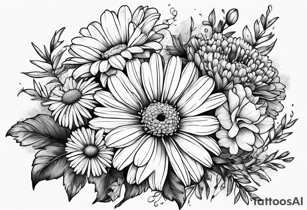 bouquet of daisy, aster, and carnations tattoo idea