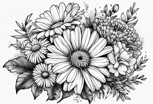 bouquet of daisy, aster, and carnations tattoo idea