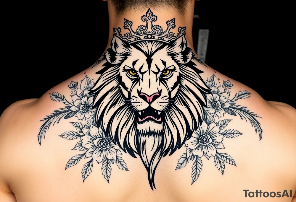powerful majestic lion with a crown, surrounded by floral ornaments and birds tattoo idea