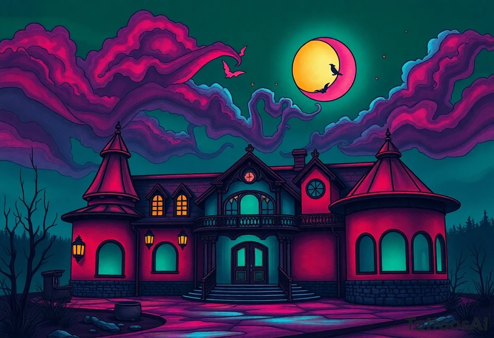 Tim Burton’s haunted casino is abandoned and dripping with muted reds, dusty pinks, and eerie green glow.purple and cyan smokey clouds swirl in the crescent moonlit sky thats sprinkled with stars tattoo idea tattoo idea