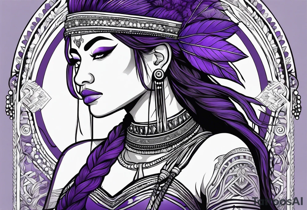 native woman female archer with bead headband sitting on a purple buffalo standing still tattoo idea