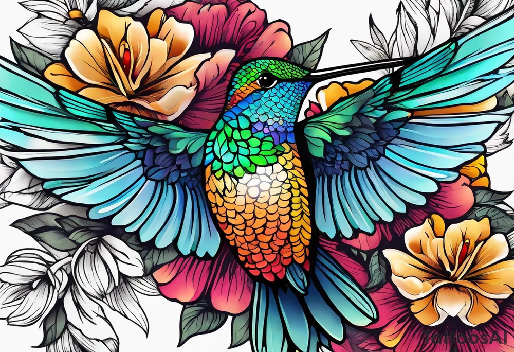 botanical, flowers, colorful, different, hummingbird, dot, mandala background tattoo idea