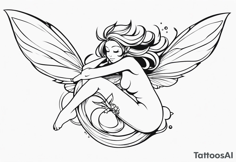 No color fairy with a tail inspired by the logo of the anime show called Fairy Tail in a fetal position leaning in and forward while in the air floating and sleeping tattoo idea