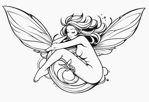 No color fairy with a tail inspired by the logo of the anime show called Fairy Tail in a fetal position leaning in and forward while in the air floating and sleeping tattoo idea