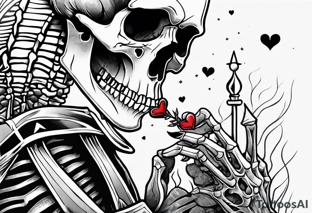 depressed skeleton handing his stabbed heart to someone tattoo idea